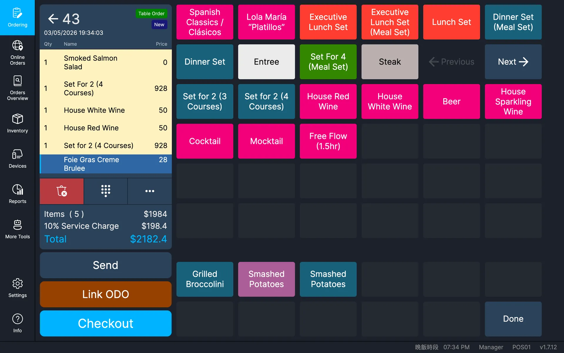 X1 POS table order screen on iPad